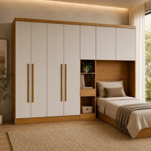 Quarto Modulado Solteiro Rizon Cumaru/Fendi: Guarda-roupa Rizon 4 Portas + Criado Rizon + Rizon Aéreo Solteiro 2 Portas - Novo Horizonte