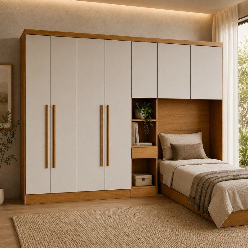 Quarto Modulado Solteiro Rizon Cumaru/Fendi: Guarda-roupa Rizon 4 Portas + Criado Rizon + Rizon Aéreo Solteiro 2 Portas - Novo Horizonte