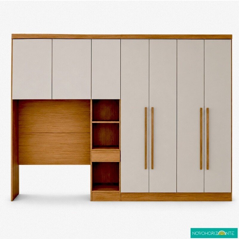 Quarto Modulado Solteiro Rizon Cumaru/Fendi: Guarda-roupa Rizon 4 Portas + Criado Rizon + Rizon Aéreo Solteiro 2 Portas - Novo Horizonte - Imagem 3