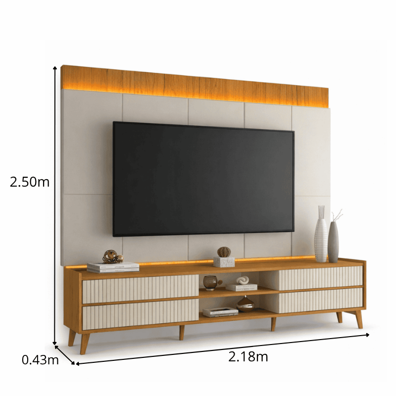 Rack Magnífico 212 Larg. 2.18m + Painel Magnífico 220 Nature/Off C/LED e Detalhe Ripado para TV até 85" - Gelius - Imagem 7