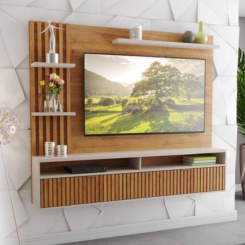 Painel 1,80m Aurora Mel/Off com Detalhe Ripado para TV até 65" - Viero