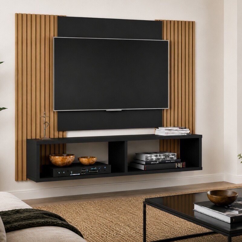 Painel 1,20m Navi Preto com Detalhe Ripado para TV até 47" - Bechara
