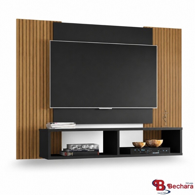 Painel 1,20m Navi Preto com Detalhe Ripado para TV até 47" - Bechara - Imagem 3