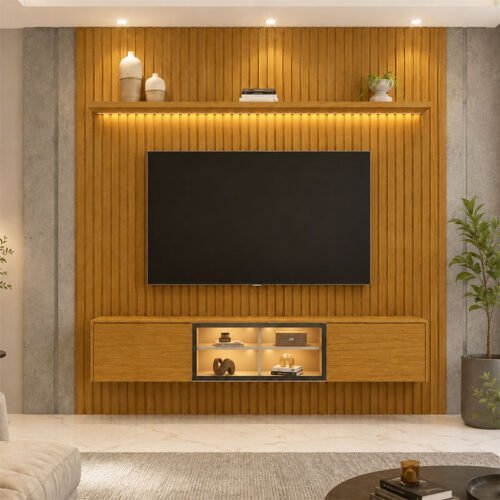 Painel 1,85m Nobre Naturale com Detalhe Ripado + Nicho 1,51m Luminare Naturale com LED para TV até 75" - Gelius