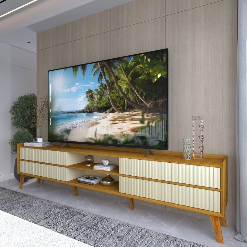 Rack 2,12m Magnífico 212 Nature/Off com Detalhe Ripado para TV até 85" - Gelius