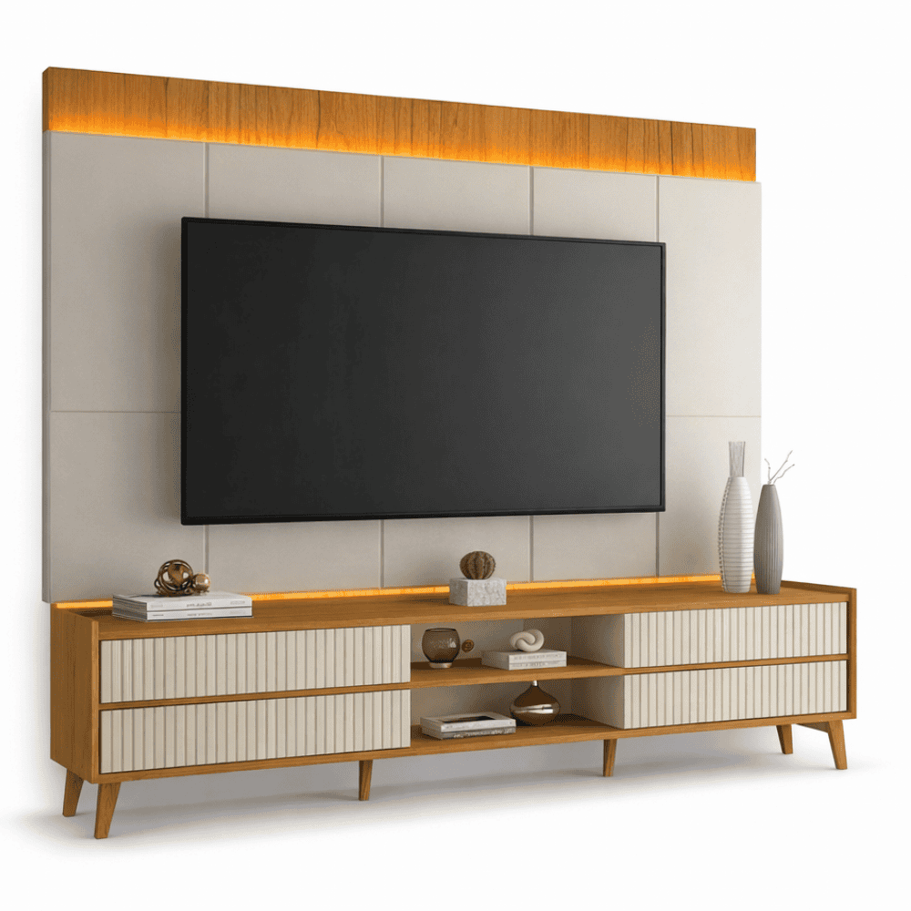 Rack Magnífico 212 Larg. 2.18m + Painel Magnífico 220 Nature/Off C/LED e Detalhe Ripado para TV até 85" - Gelius