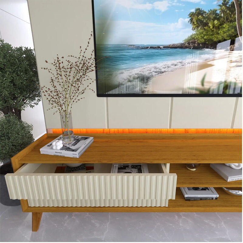 Rack Magnífico 212 Larg. 2.18m + Painel Magnífico 220 Nature/Off C/LED e Detalhe Ripado para TV até 85" - Gelius - Imagem 2
