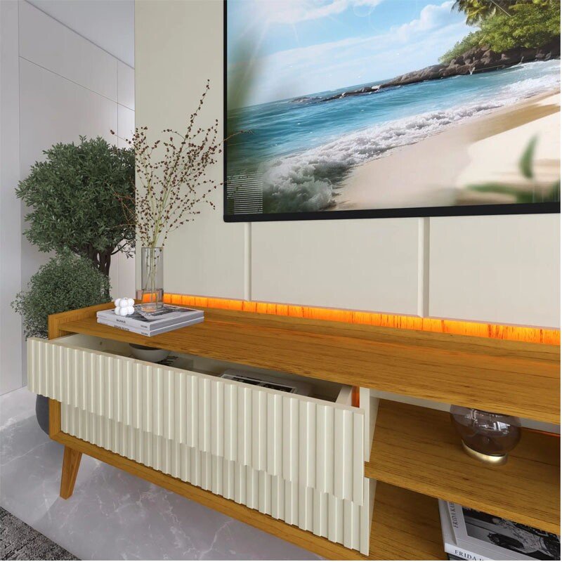 Rack Magnífico 212 Larg. 2.18m + Painel Magnífico 220 Nature/Off C/LED e Detalhe Ripado para TV até 85" - Gelius - Imagem 3