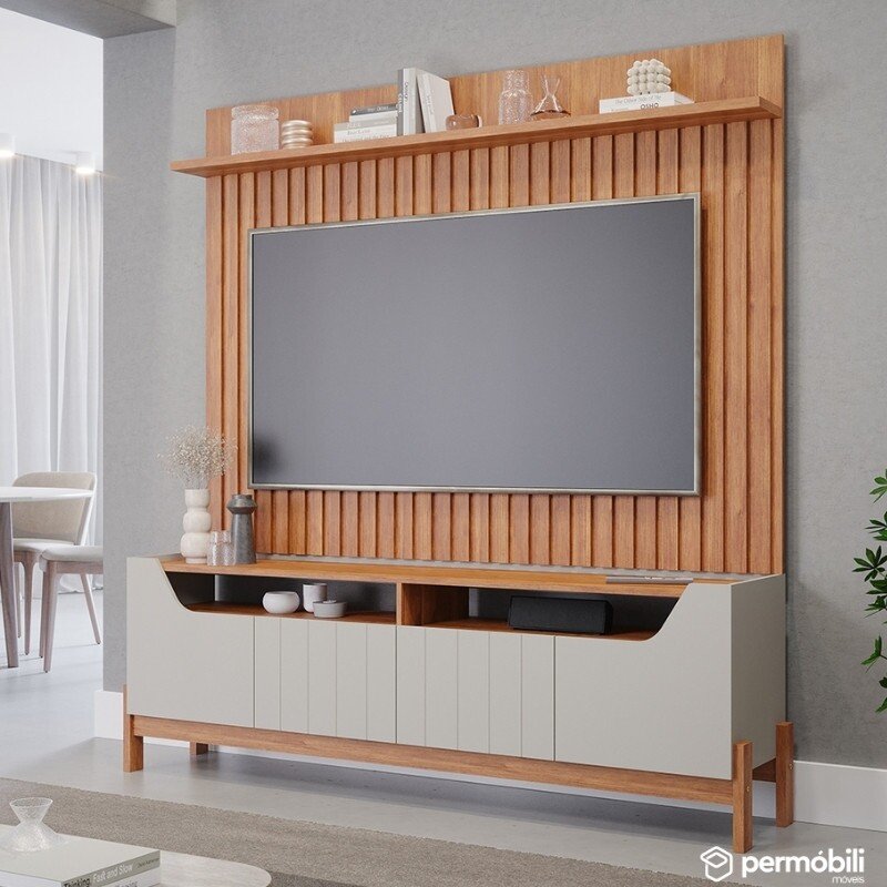 Bancada 1.85m Moema Off/Cinamomo + Painel 1,80m Trend Ripado Cinamomo 100% MDF - Permóbili