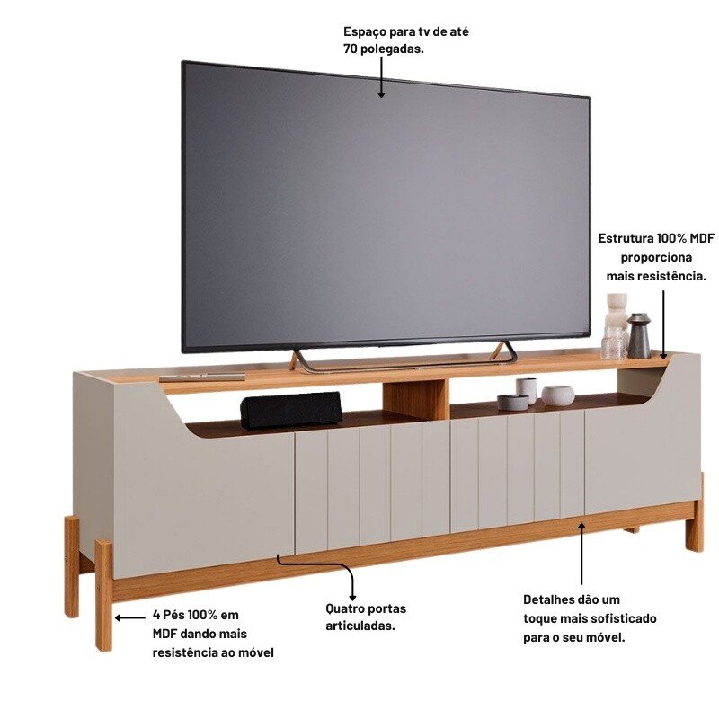 Rack Bancada 1,85m Moema Off/Cinamomo 100% MDF para TV até 70" - Permóbili - Imagem 3