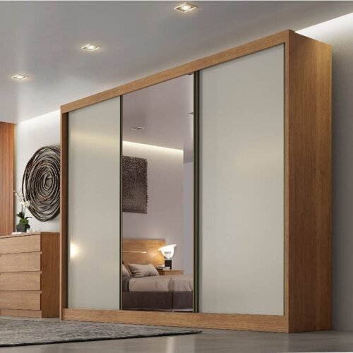 Guarda-roupa Casal 2,41m Diamond Plus Cumaru/Fendi Fosco 3 Portas 8 Gavetas 100% MDF com 1 Espelho - Novo Horizonte