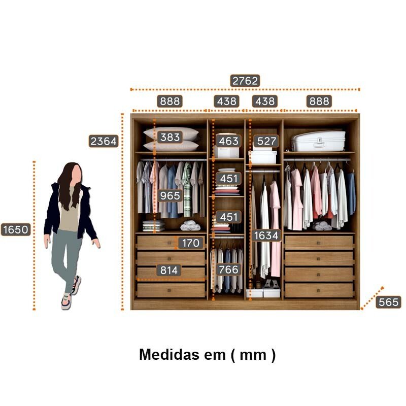 Guarda-roupa Casal 2,76m Robust Plus Cumaru/Fendi Fosco 6 Portas 8 Gavetas 100% MDF - Novo Horizonte - Imagem 3