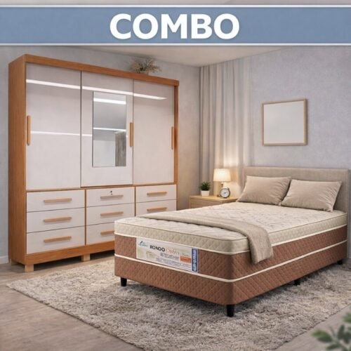 Combo - Guarda-roupa Athenas 3 Portas Nature/Off C/Espelho e Pés Larg. 1.80m Bianchi + Unibox Box Casal Ortopédico D33 Rondoconfort | Suporta até 300kg