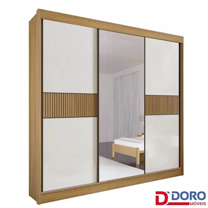 Guarda-roupa Casal 2,73m Los Angeles Cinamomo/Off Ripado 3 Portas 6 Gavetas 100% MDF com 1 Espelho Portas Flex - D Doro