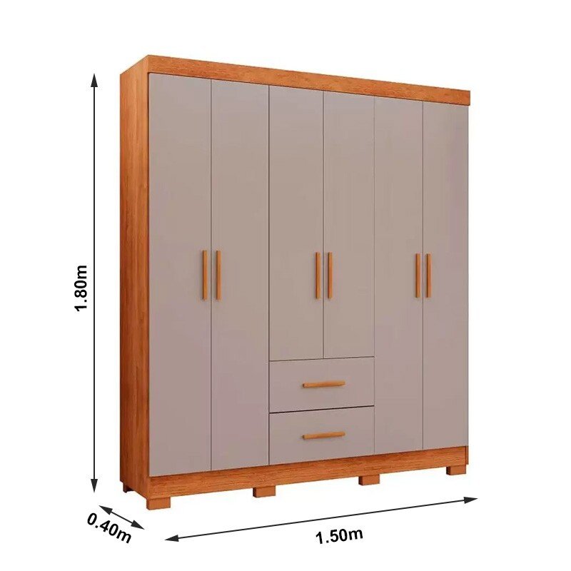 Guarda-roupa 1,50m Estrela Cinamomo/Off 6 Portas 2 Gavetas com Pés - Sallêto - Imagem 3