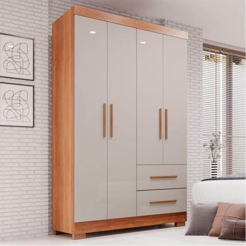 Guarda-roupa Solteiro 1,00m Estrela Cinamomo/Off 4 Portas 2 Gavetas com Pés - Sallêto