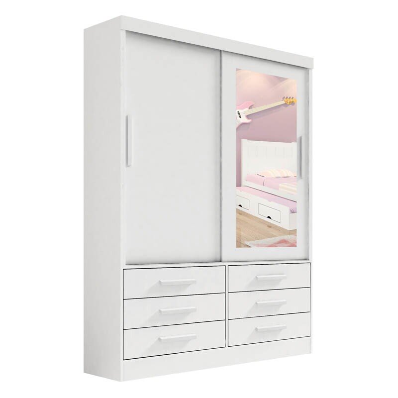 Guarda-roupa Solteiro 1,35m Meridian Branco 2 Portas 6 Gavetas 100% MDF - D Doro