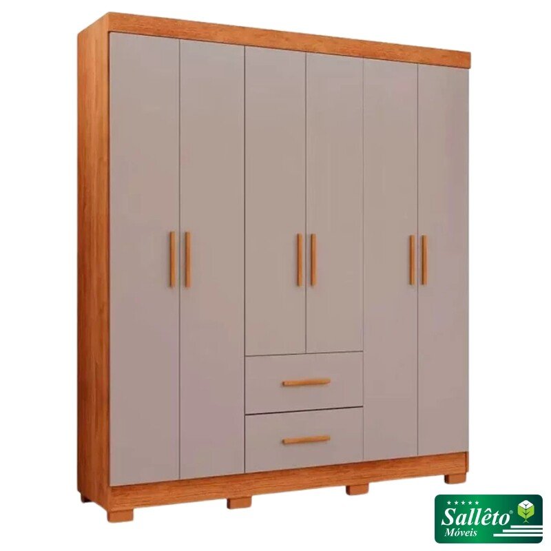 Guarda-roupa 1,50m Estrela Cinamomo/Off 6 Portas 2 Gavetas com Pés - Sallêto