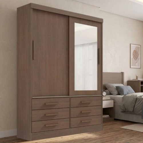 Guarda-roupa Solteiro 1,35m Meridian Castanho 2 Portas 6 Gavetas 100% MDF - D Doro