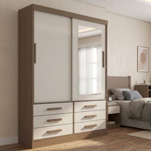 Guarda-roupa Solteiro 1,35m Meridian Castanho/Off 2 Portas 6 Gavetas 100% MDF - D Doro