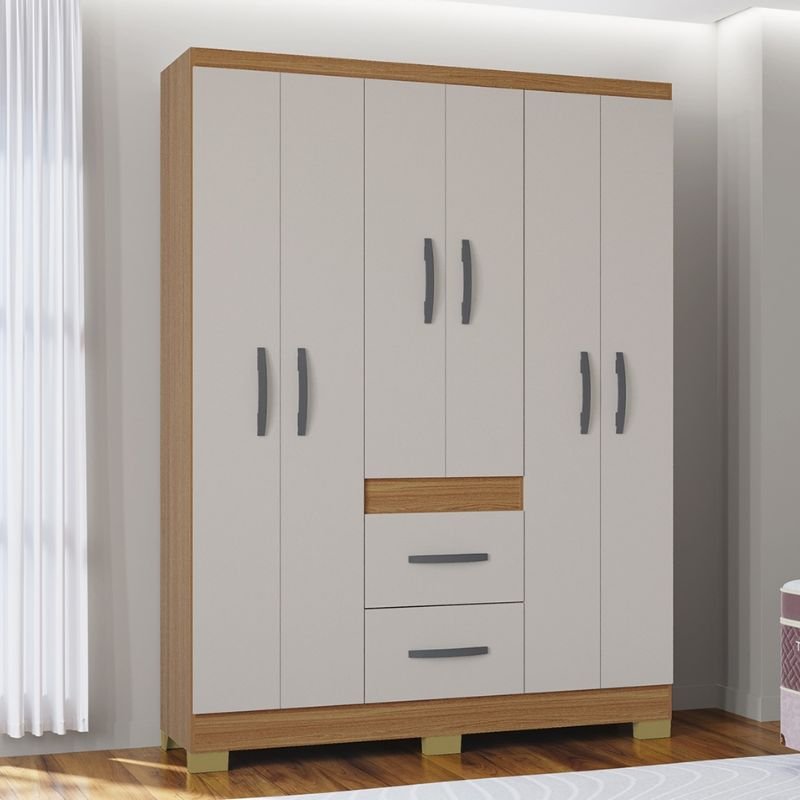 Guarda-roupa Solteiro 1,35m Milão Cinamomo/Off 6 Portas 2 Gavetas com Pés - Poquema