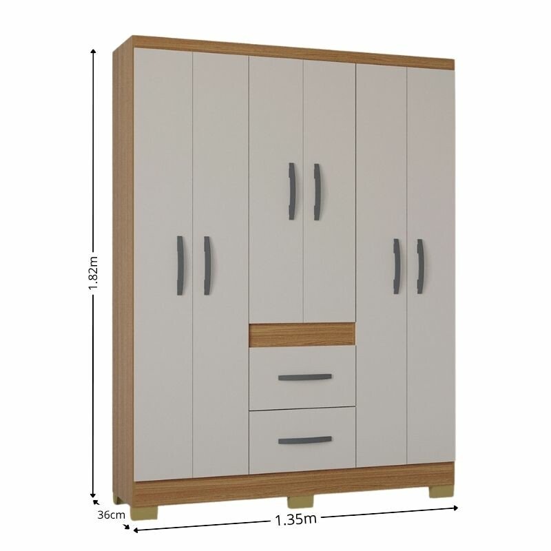 Guarda-roupa Solteiro 1,35m Milão Cinamomo/Off 6 Portas 2 Gavetas com Pés - Poquema - Imagem 3