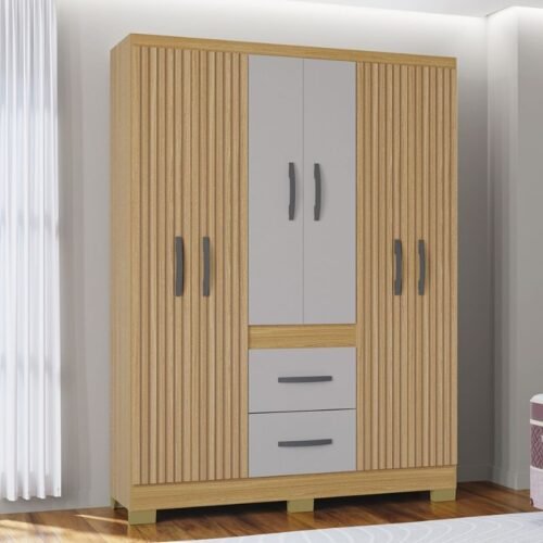 Guarda-roupa Solteiro 1,35m Milão Damasco/Off Ripado 6 Portas 2 Gavetas com Pés - Poquema