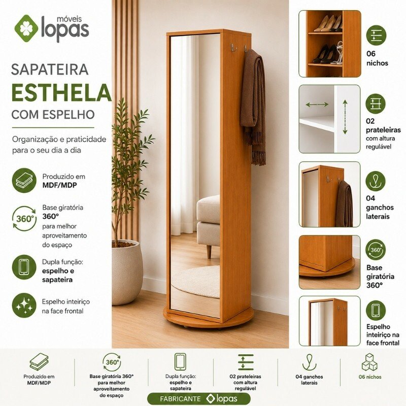 Sapateira 0,60m Esthela Amêndoa Base Giratória e Espelho - Lopas - Imagem 5