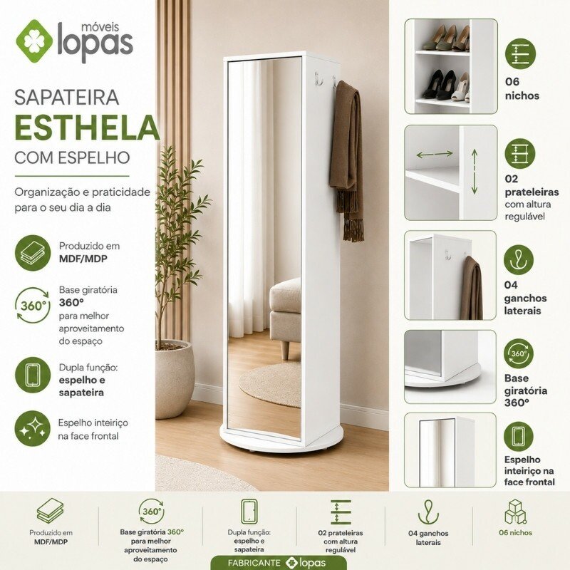 Sapateira 0,60m Esthela Branco Base Giratória e Espelho - Lopas - Imagem 3