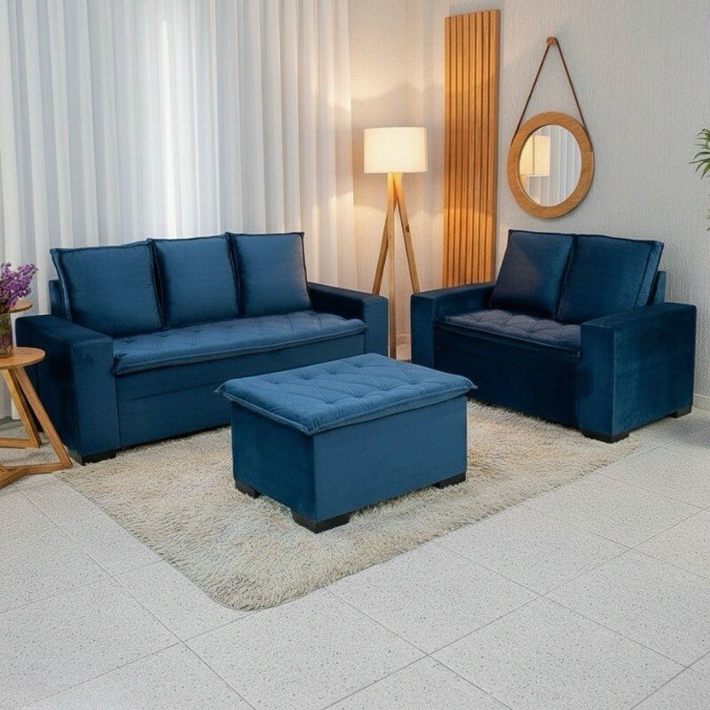 Sofá 3 e 2 Lugares França com Puff Veludo Azul A16