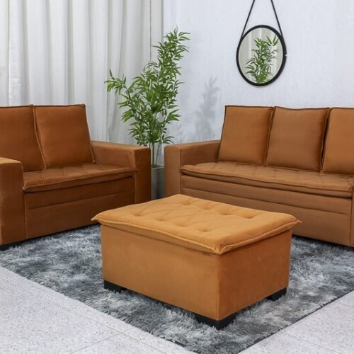 Sofá 3 e 2 Lugares França com Puff Veludo Terracota A62