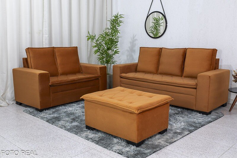 Sofá 3 e 2 Lugares França com Puff Veludo Terracota A62
