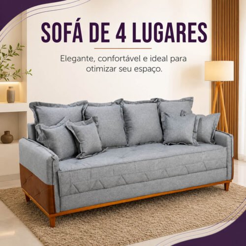 Sofá 4 Lugares Living Luca Linho Cinza com Detalhe Molas Bonnel - 2,10m