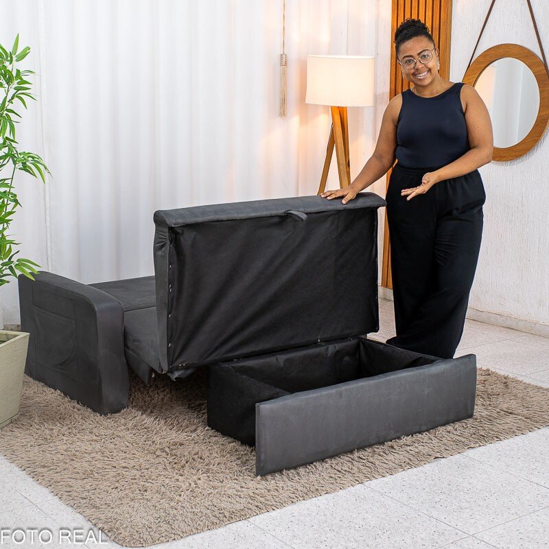 Sofá Cama Daiane Veludinho Chumbo 250 com Baú - 1,40m - Imagem 3