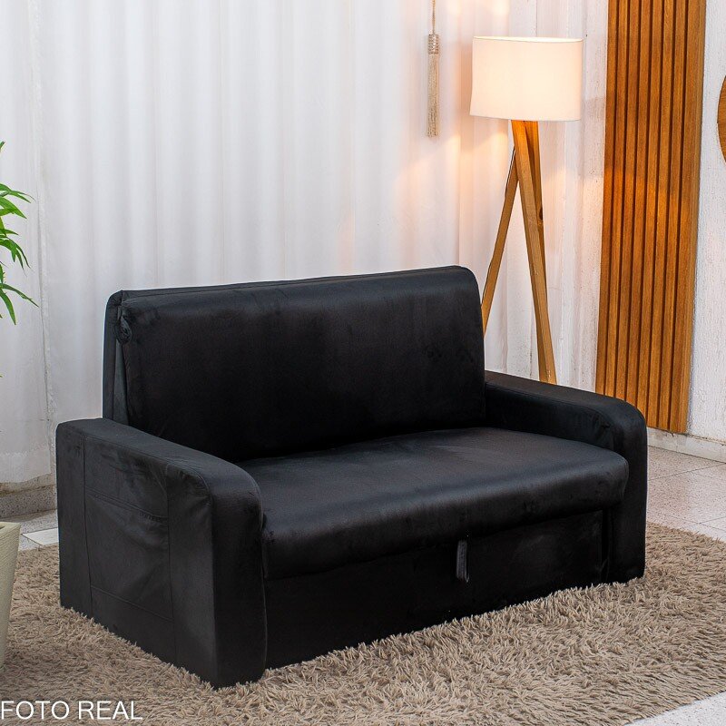 Sofá Cama Daiane Veludinho Preto 379/451 com Baú - 1,40m