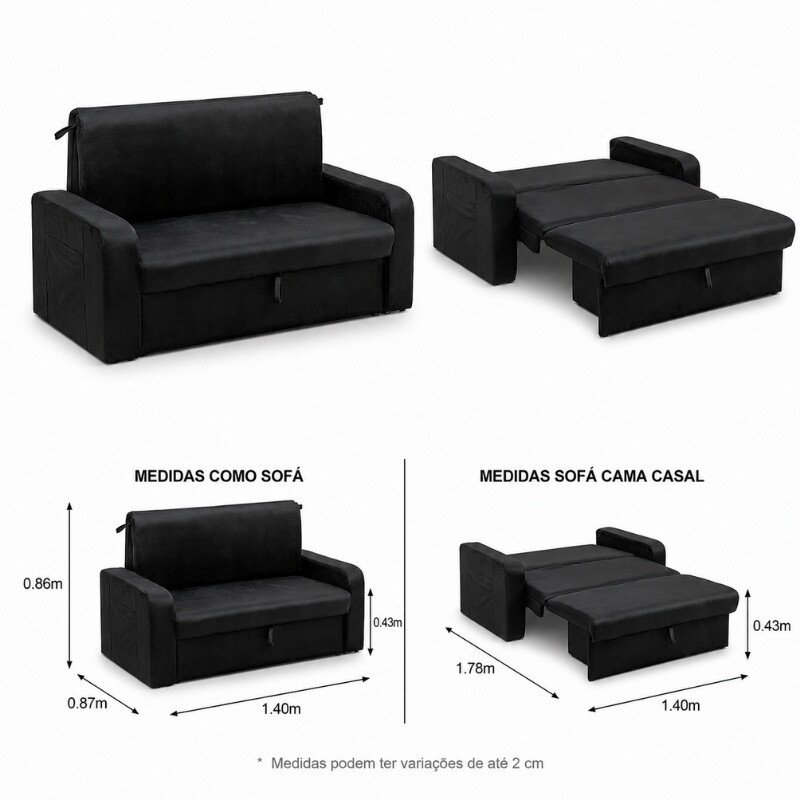 Sofá Cama Daiane Veludinho Preto 379/451 com Baú - 1,40m - Imagem 2
