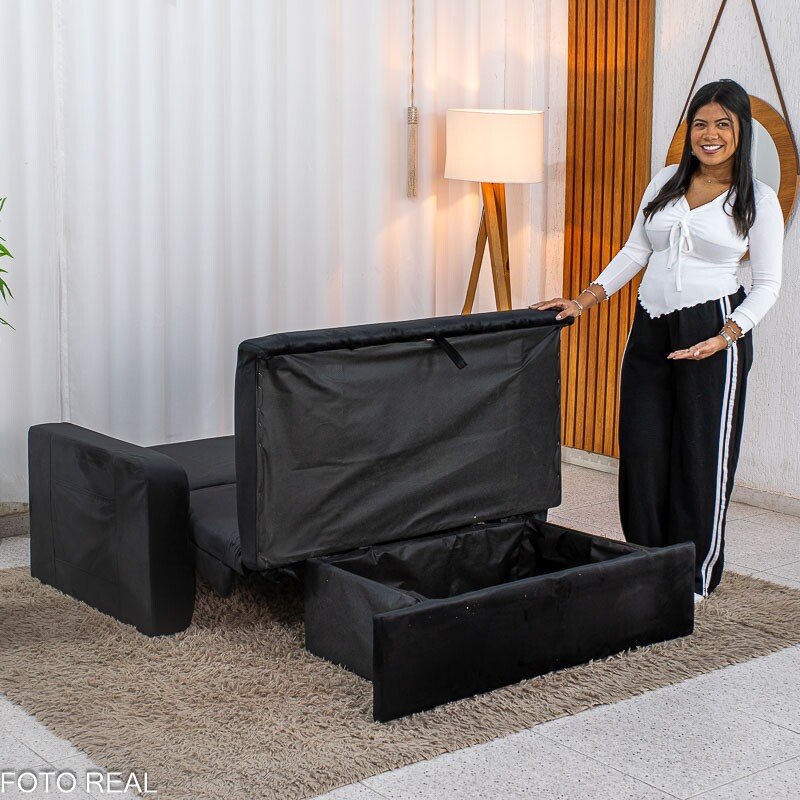 Sofá Cama Daiane Veludinho Preto 379/451 com Baú - 1,40m - Imagem 3