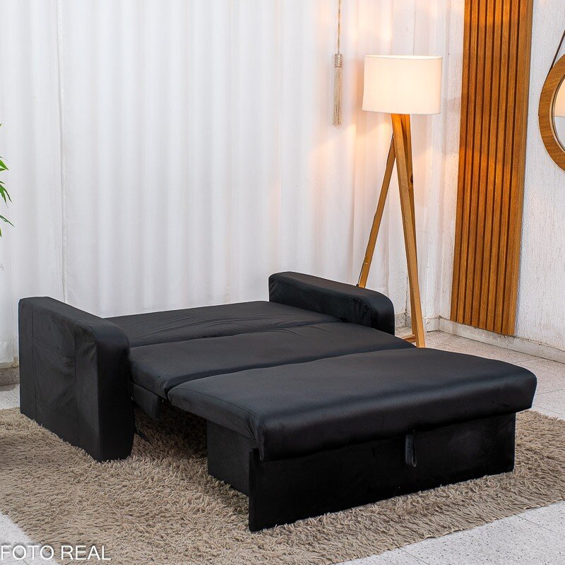 Sofá Cama Daiane Veludinho Preto 379/451 com Baú - 1,40m - Imagem 5