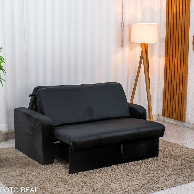 Sofá Cama Daiane Veludinho Preto 379/451 com Baú - 1,40m - Imagem 7