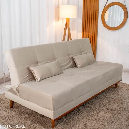 Sofá Cama Madrid Veludo Bege 2269 Molas Bonnel - 1,80m