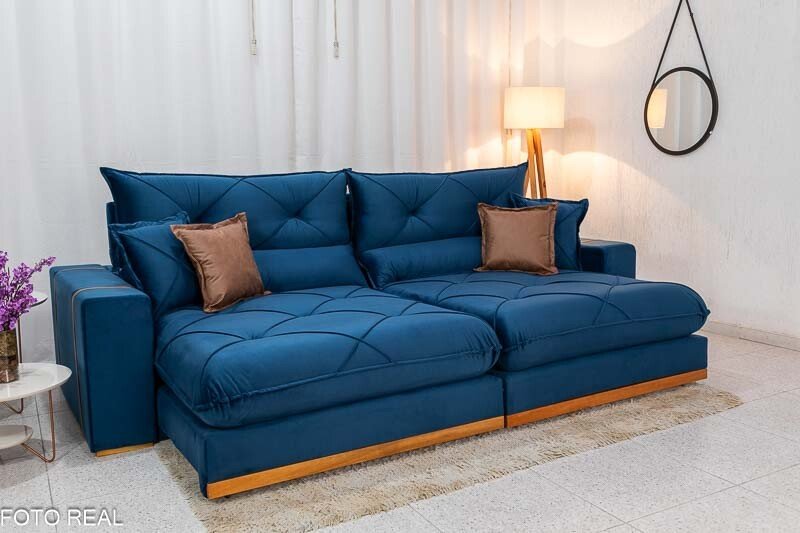 Sofá Retrátil Reclinável Gran Bello 2,90m Veludo Azul - Molas Ensacadas