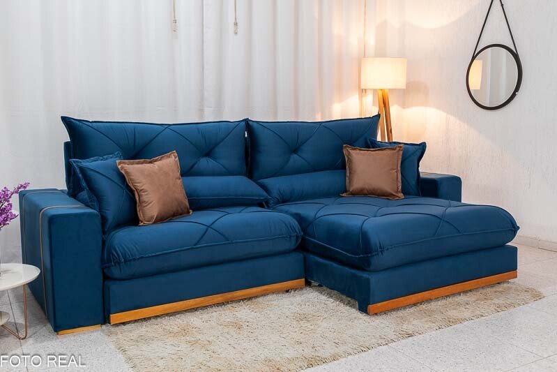 Sofá Retrátil Reclinável Gran Bello 2,90m Veludo Azul - Molas Ensacadas - Imagem 3