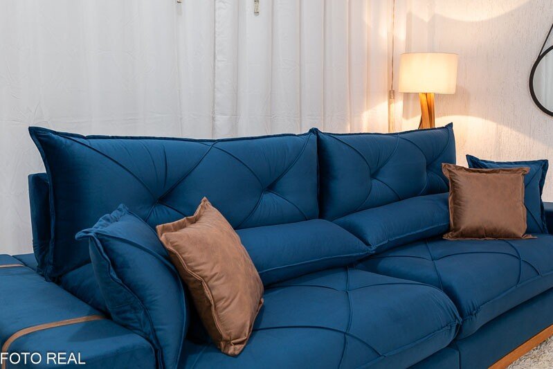 Sofá Retrátil Reclinável Gran Bello 2,90m Veludo Azul - Molas Ensacadas - Imagem 6