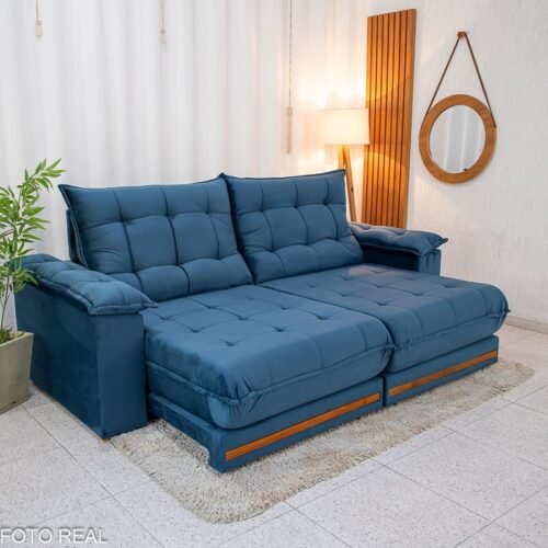 Sofá Retrátil Reclinável Barcelona 2,50m Veludo Azul 325 - D33 e Molas Ensacadas