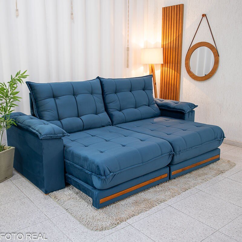 Sofá Retrátil Reclinável Barcelona 2,50m Veludo Azul 325 - D33 e Molas Ensacadas