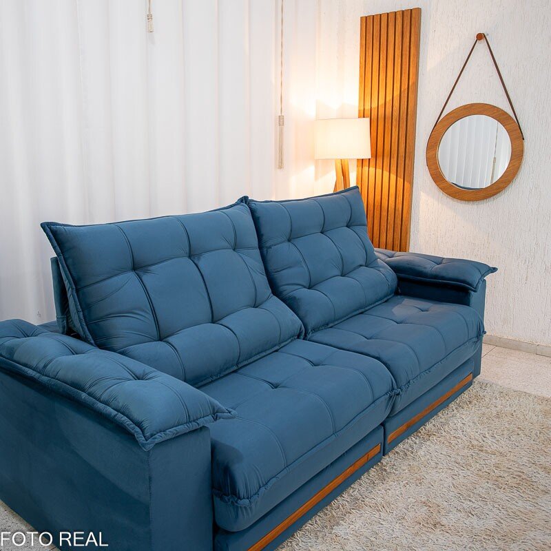 Sofá Retrátil Reclinável Barcelona 2,50m Veludo Azul 325 - D33 e Molas Ensacadas - Imagem 6