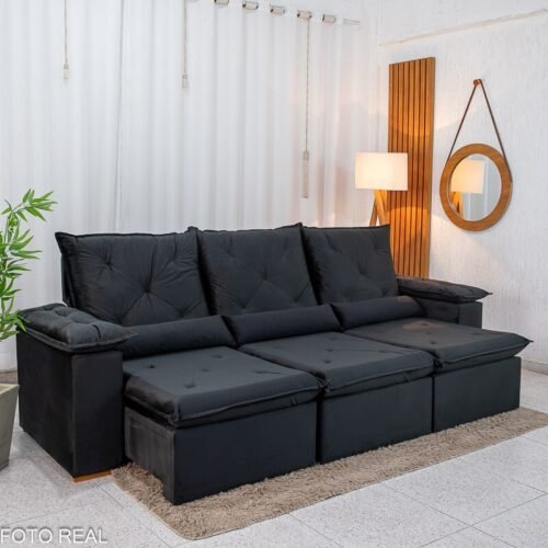 Sofá Retrátil Reclinável City 2,70m Veludo Preto - Sem Caixa