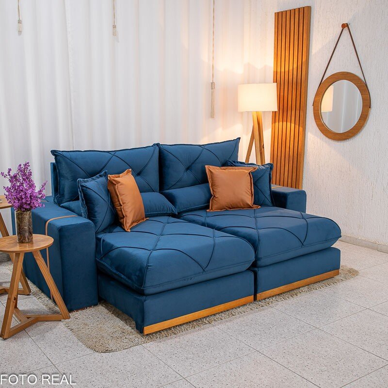 Sofá Retrátil Reclinável Gran Bello 2,30m Veludo Azul 03 - Molas Ensacadas