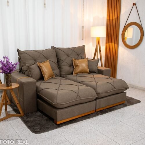 Sofá Retrátil Reclinável Malibu 2,10m Linho Marrom 1007 - D33 e Molas Ensacadas