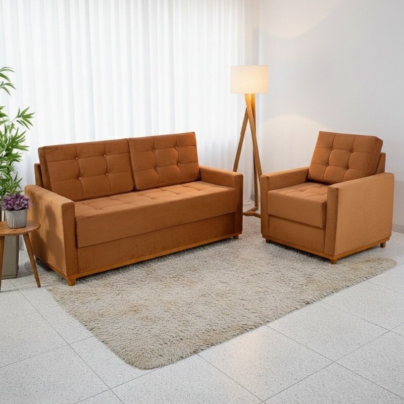 Sofá 3 Lugares Áustria + Poltrona Áustria Veludo Terracota A62